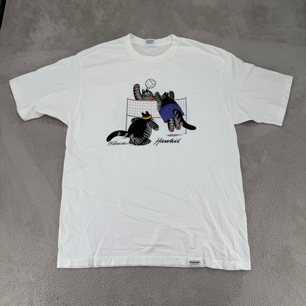 Vintage 90s Crazy Shirts B Kliban Hawaii Volleyball Shirt Mens Large White USA‎